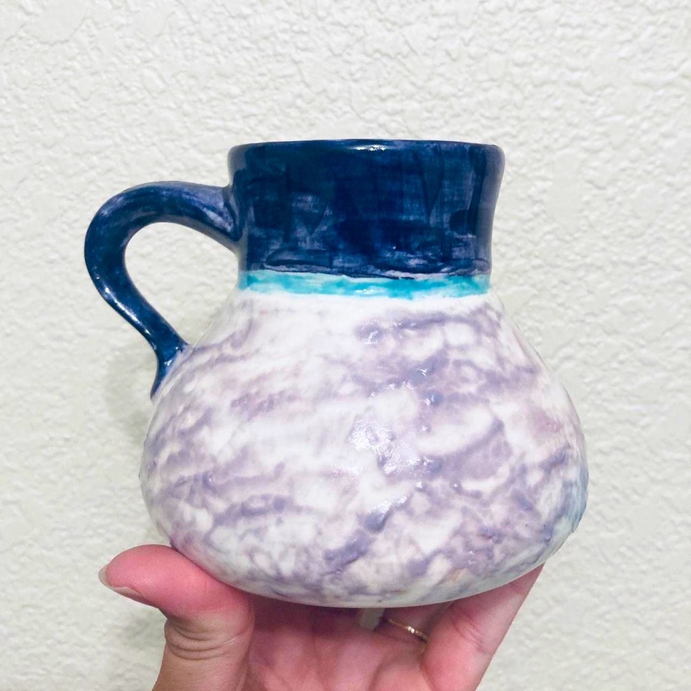 Ceramic studio pottery pair of coffee/ tea mugs purple blue ceramic signed